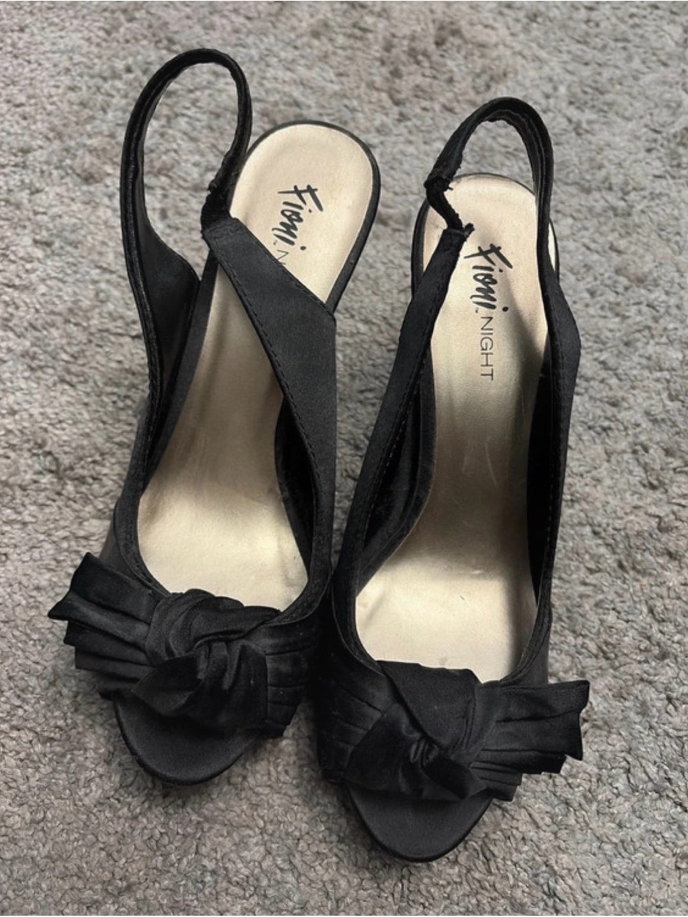 FIONI Clothing Black Satin Peep-Toe Slingback Heels with Knot Bow